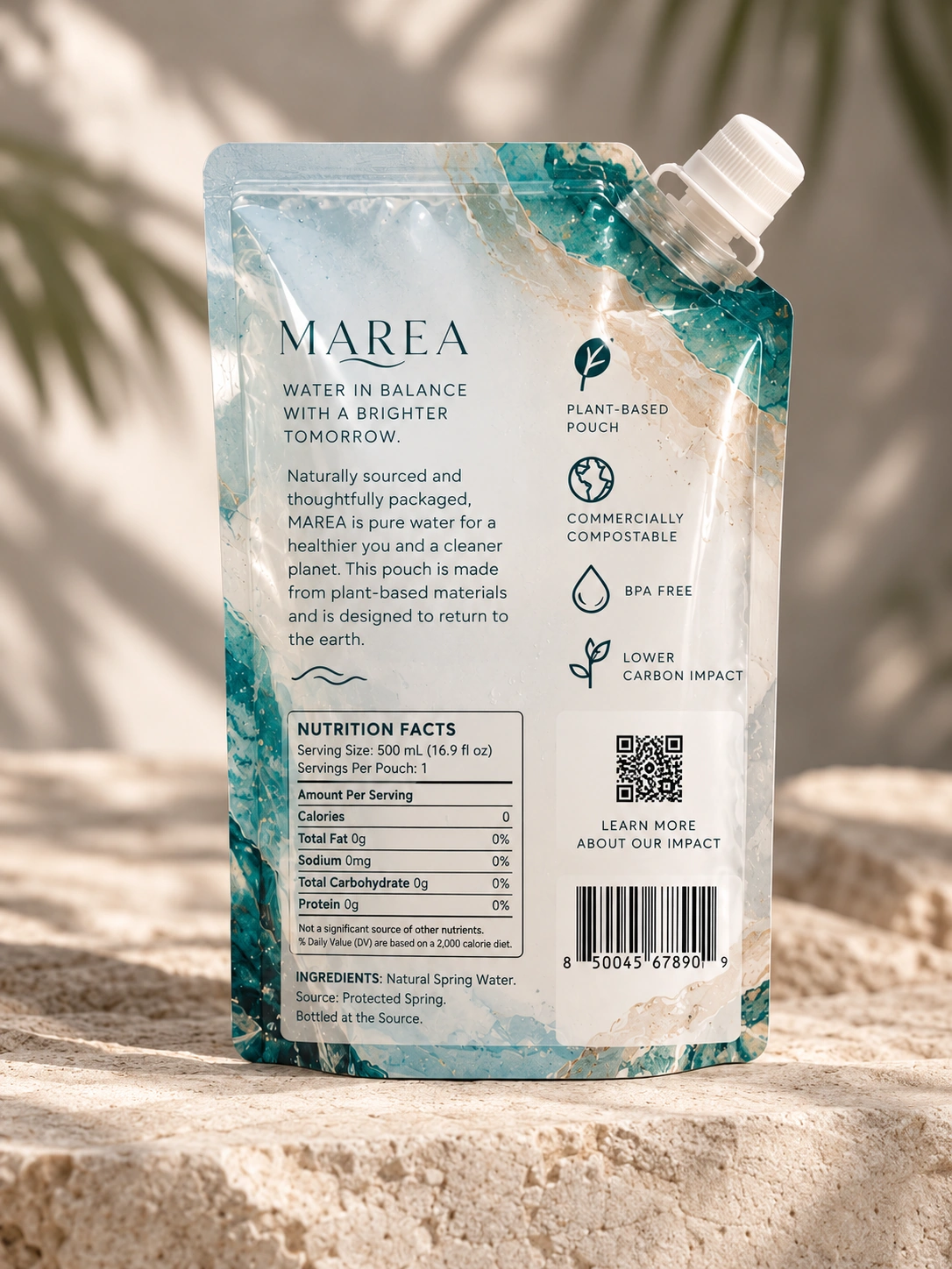 Back view of the MAREA pouch showing brand story, nutrition facts and material icons