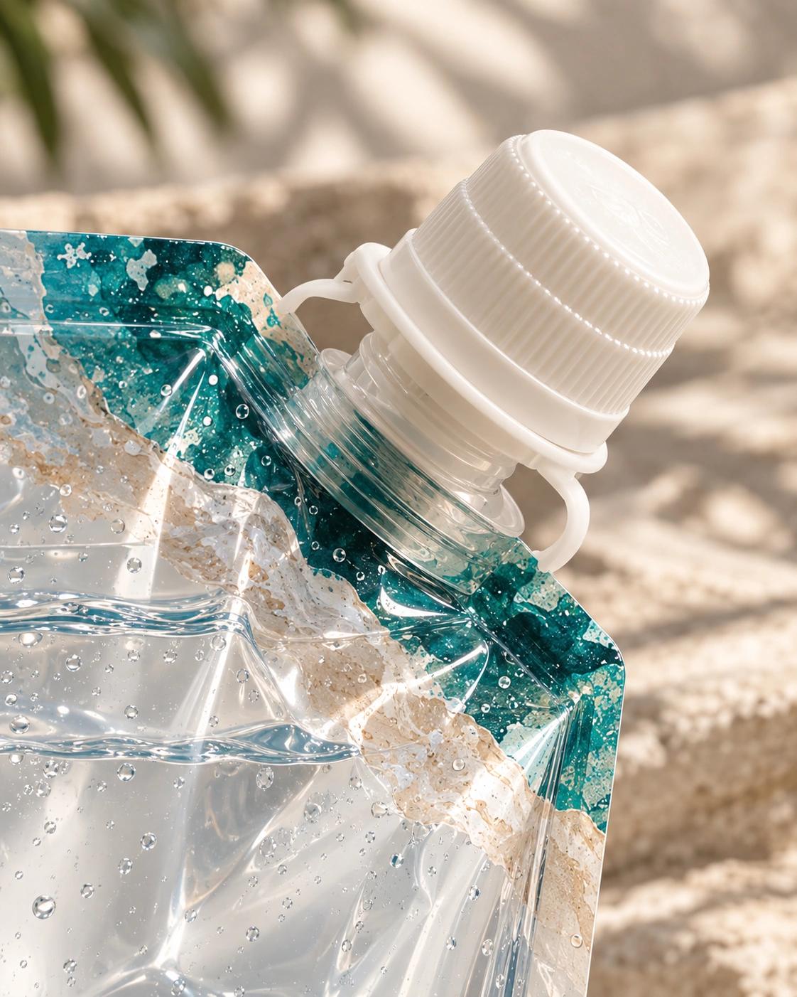 Close-up of the white resealable screw cap and spout on a MAREA pouch