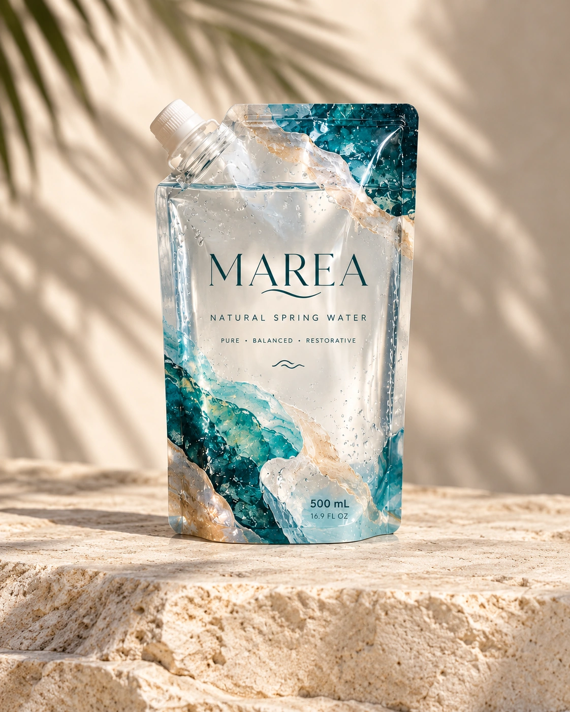 Front of the clear MAREA 500 mL pouch with teal and sand ocean artwork and white resealable corner spout