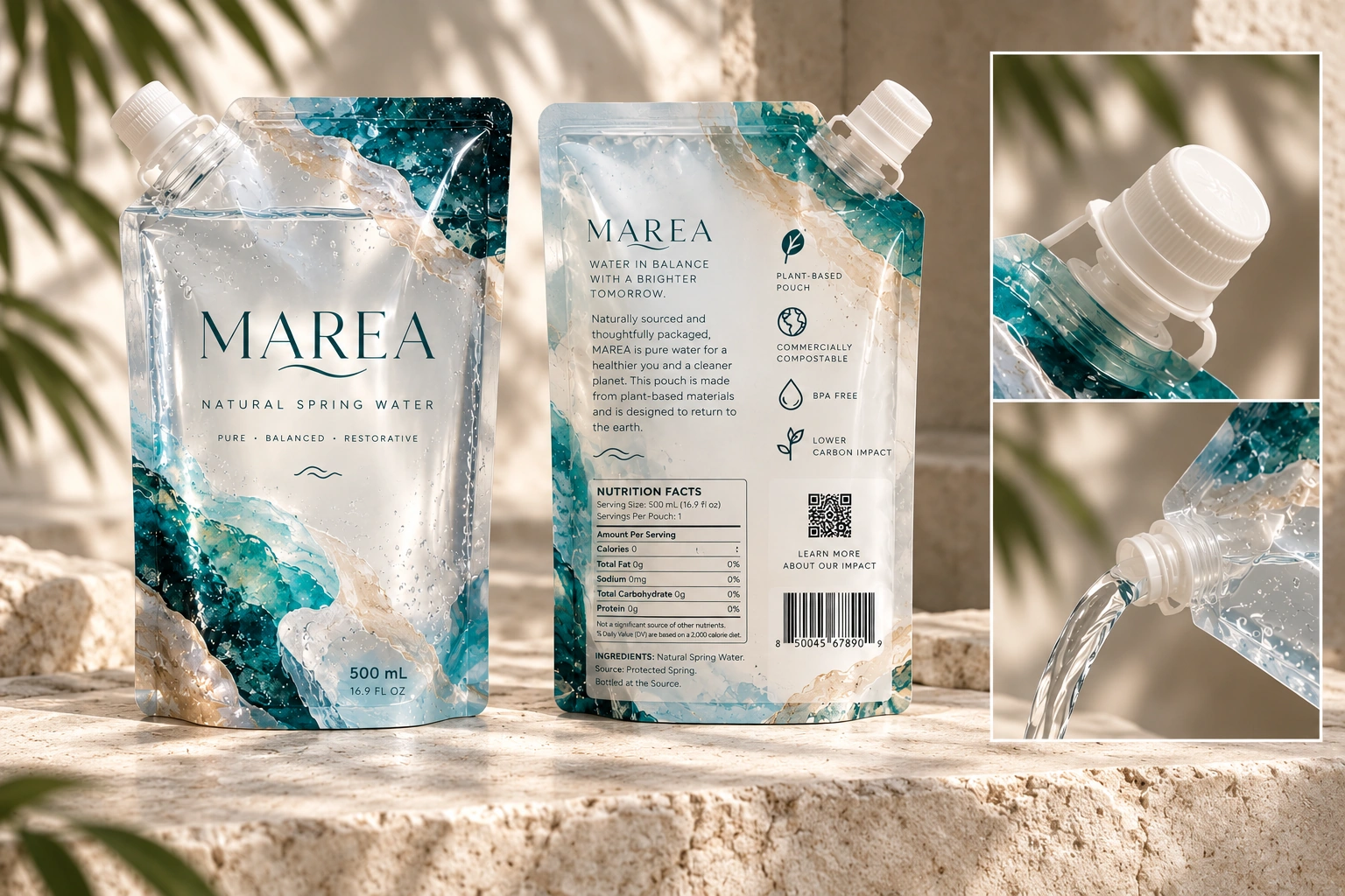 MAREA natural spring water pouches, front and back, displayed on warm stone with a resealable cap close-up and pouring detail