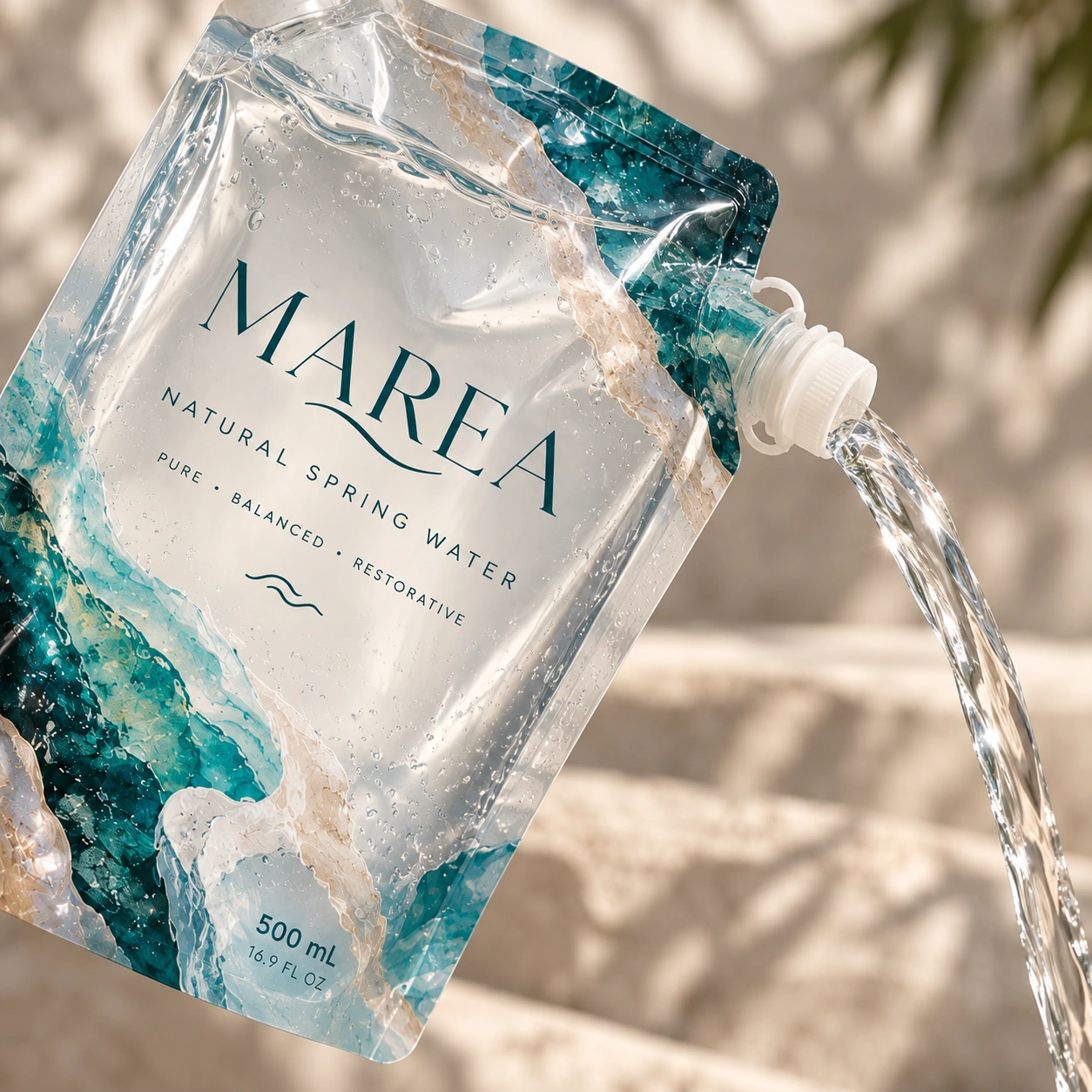 Clear spring water pouring from the spout of a MAREA pouch