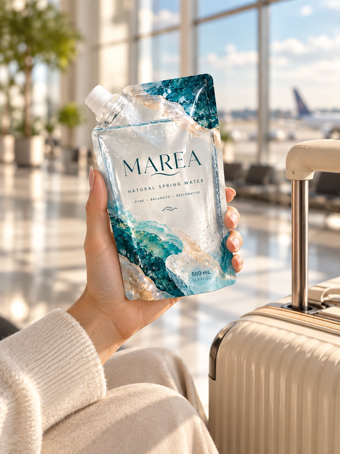 Traveler carrying a MAREA pouch through an airport terminal