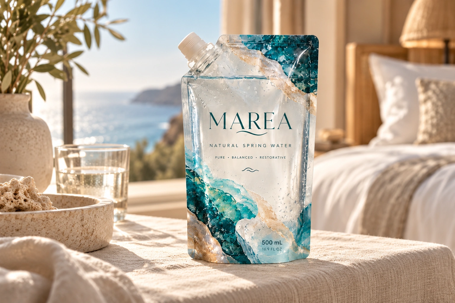 MAREA pouch placed in a calm, light-filled hotel suite