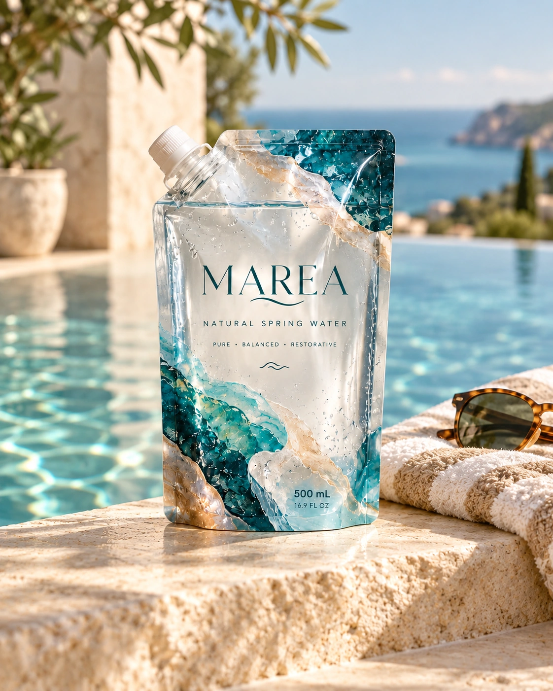 MAREA pouch beside a sunlit pool lounge
