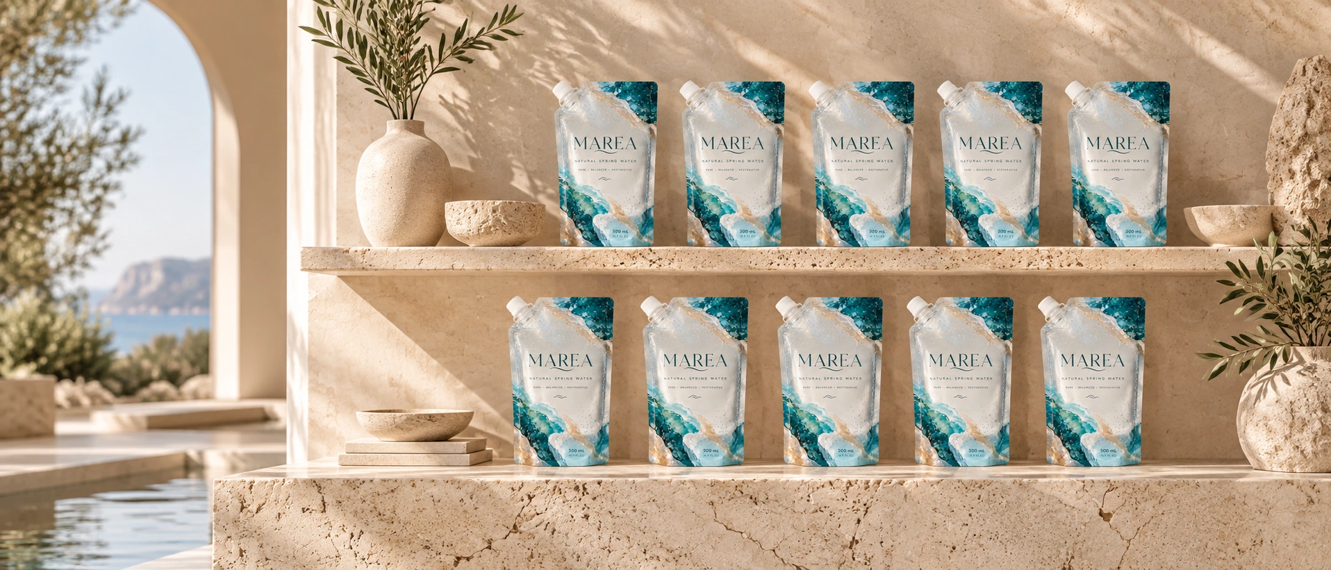 MAREA pouches displayed on a refined retail shelf